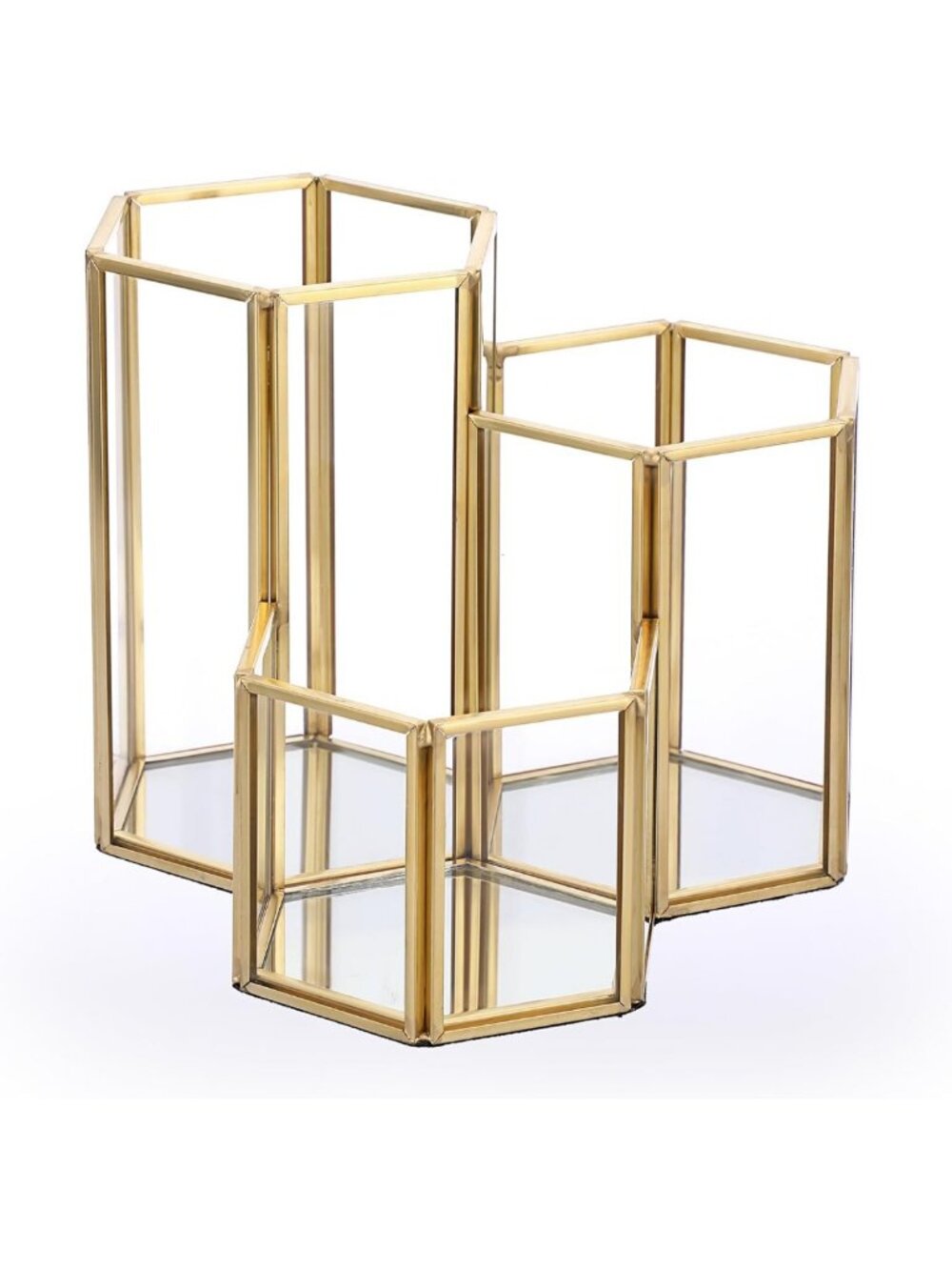 Elegant Gold Makeup Brush Holder | 3-Slot Mirrored Organizer & Vintage Storage